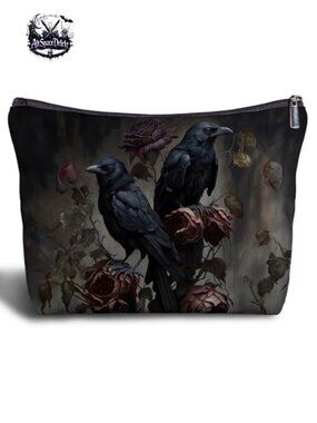 Gothic Linen Cosmetic Bag Raven Couple Travel Makeup Organizer